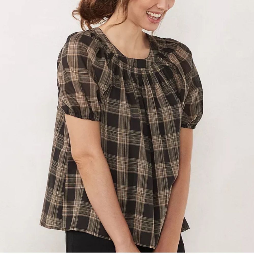 Women's LC Lauren Conrad Volume-Sleeve Plaid Top Sz S Tie Back Boho/Work